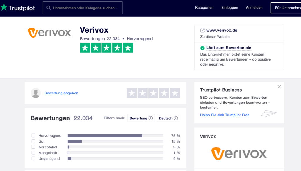 Erfahrungen auf Trustpilot von Verivox Kunden