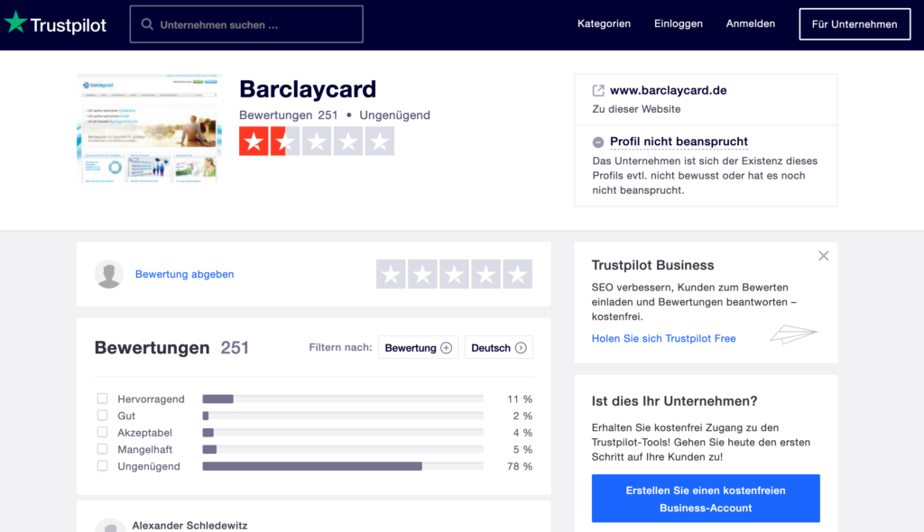 Die Erfahrungen von Kunden auf Trustpilot zum Barclaycard Kredit.
