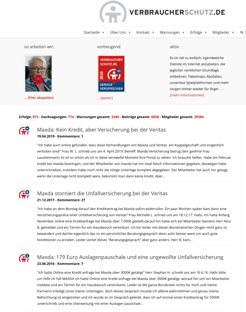 Maxda Erfahrung zur Genehmigung auf Verbraucherschutz.de