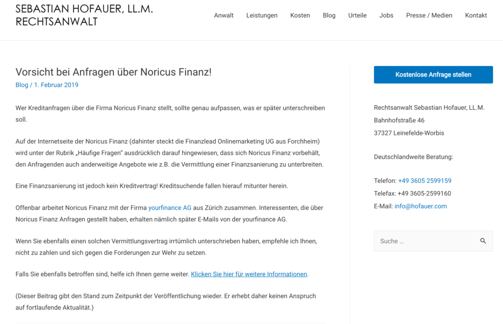 Warnung eines Rechtsanwalts vor Anfrage bei Noricus Finanz
